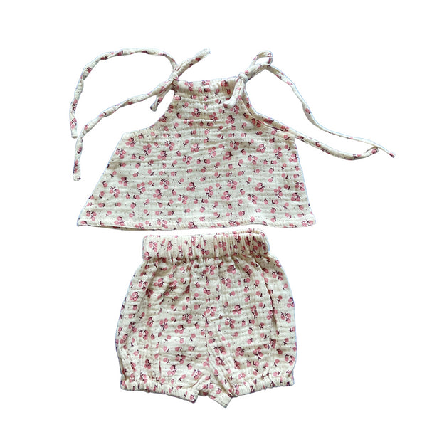 Cotton baby bloomer set with a tie top and shorts, featuring a floral pattern